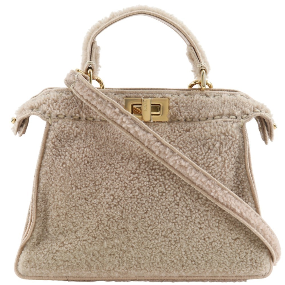 FENDI Peekaboo Shoulder Handbag Shearling Pink Beige